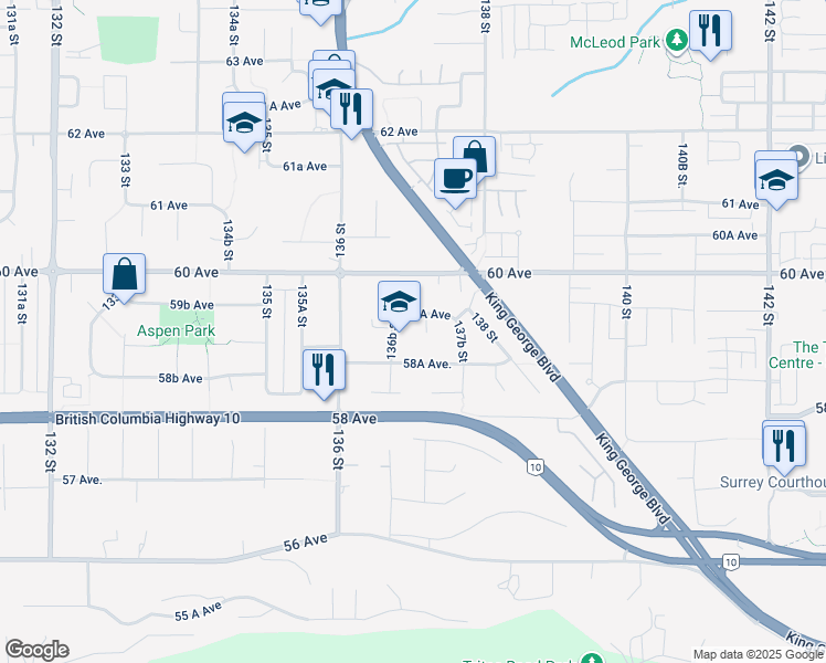 map of restaurants, bars, coffee shops, grocery stores, and more near 5933 137A Street in Surrey