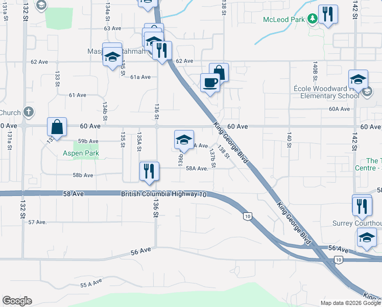 map of restaurants, bars, coffee shops, grocery stores, and more near 5933 137 A Street in Surrey
