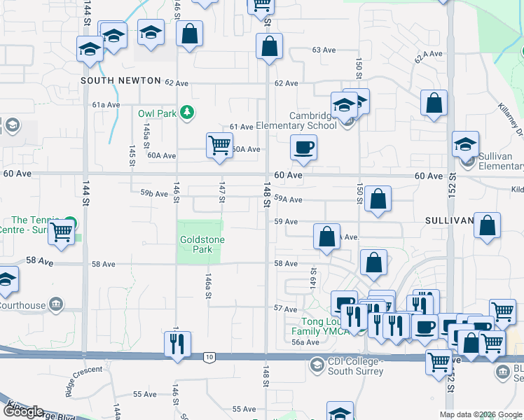map of restaurants, bars, coffee shops, grocery stores, and more near 5919 148 Street in Surrey
