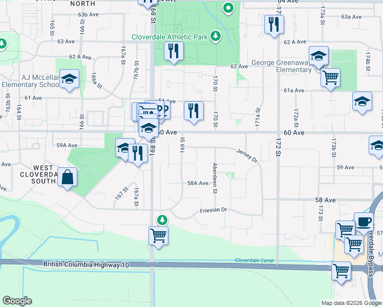 map of restaurants, bars, coffee shops, grocery stores, and more near 5935 169A Street in Surrey