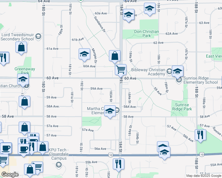 map of restaurants, bars, coffee shops, grocery stores, and more near 18415 59A Avenue in Surrey