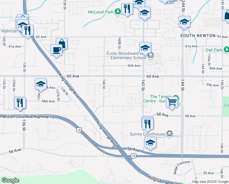 map of restaurants, bars, coffee shops, grocery stores, and more near 5921 140B Street in Surrey