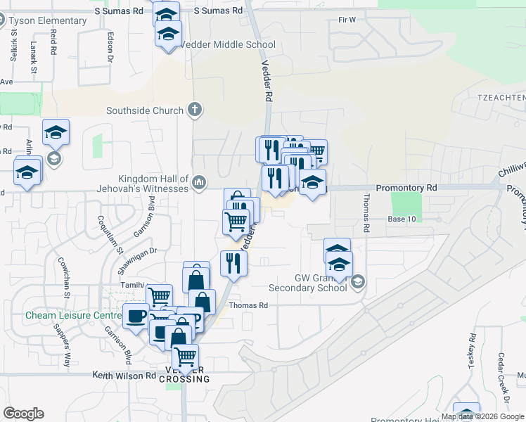 map of restaurants, bars, coffee shops, grocery stores, and more near 5926 Vedder Road in Chilliwack