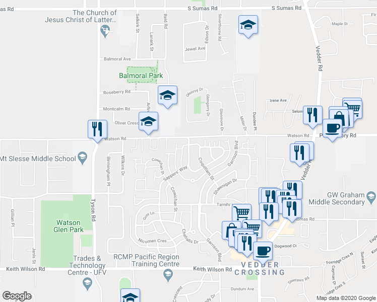 map of restaurants, bars, coffee shops, grocery stores, and more near 5955 Sappers' Way in Chilliwack