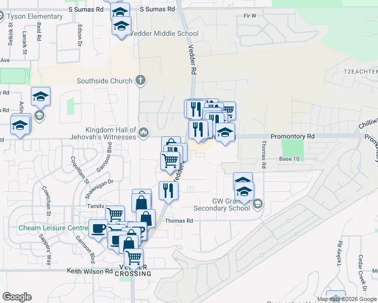 map of restaurants, bars, coffee shops, grocery stores, and more near 5926 Vedder Road in Chilliwack