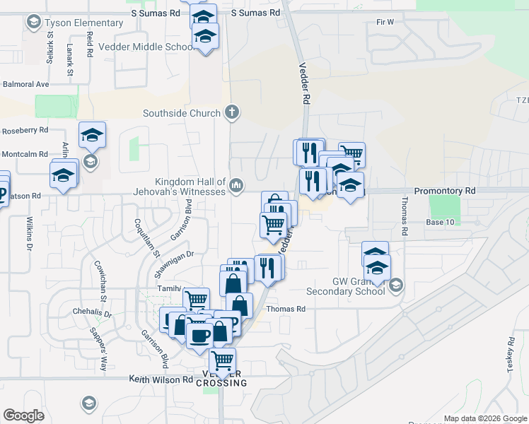 map of restaurants, bars, coffee shops, grocery stores, and more near 45702 Watson Road in Chilliwack