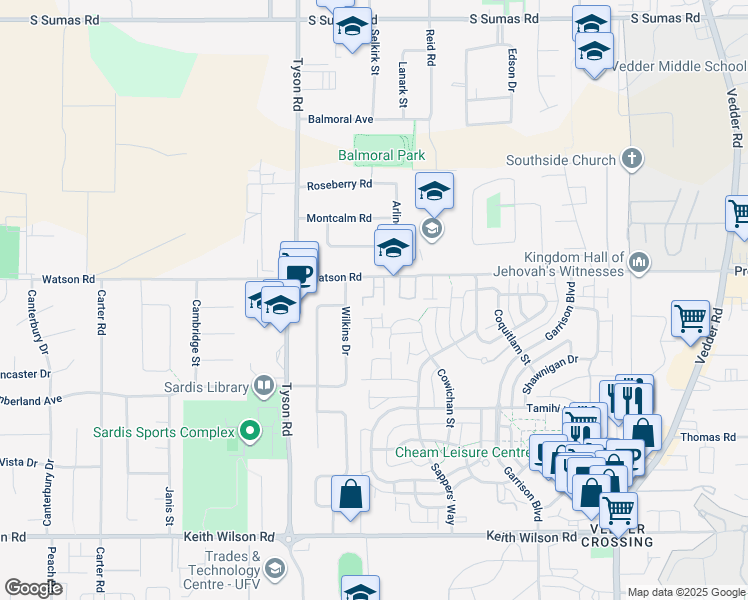 map of restaurants, bars, coffee shops, grocery stores, and more near 45222 Watson Road in Chilliwack