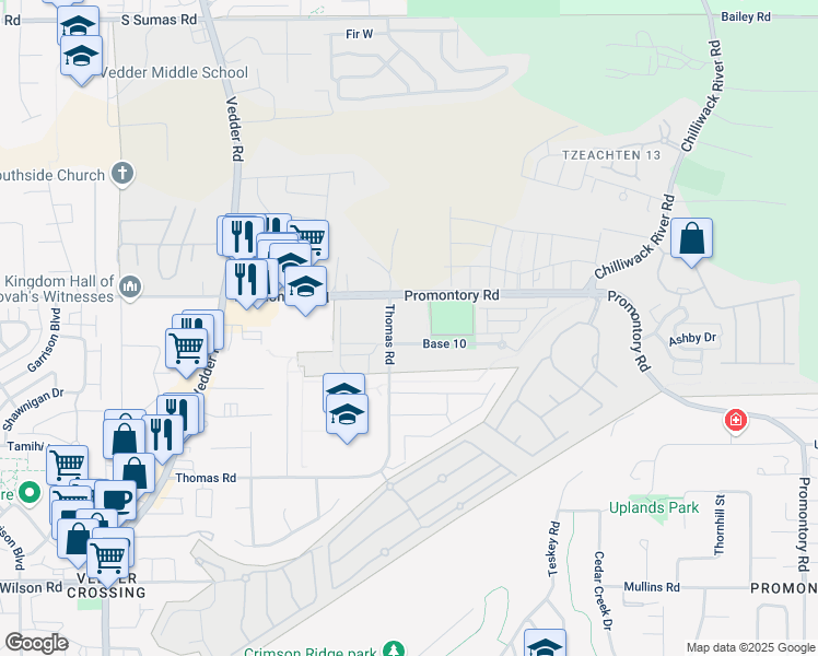 map of restaurants, bars, coffee shops, grocery stores, and more near 46170 Thomas Road in Chilliwack