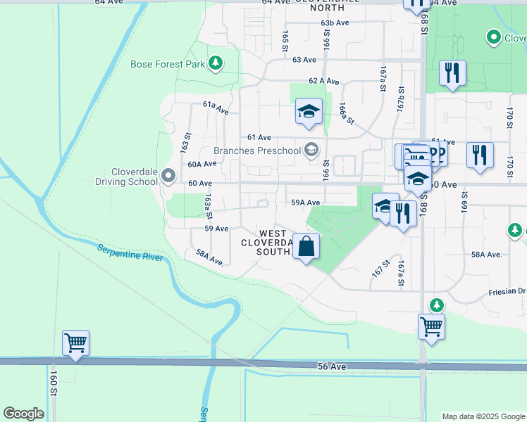 map of restaurants, bars, coffee shops, grocery stores, and more near 16448 59A Avenue in Surrey