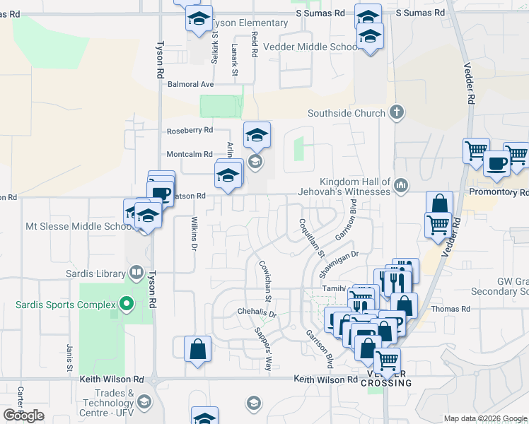 map of restaurants, bars, coffee shops, grocery stores, and more near 5975 Matsqui Street in Chilliwack