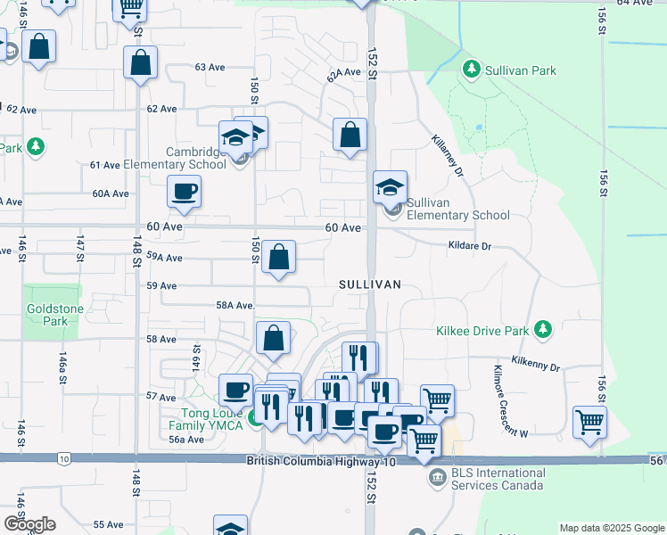 map of restaurants, bars, coffee shops, grocery stores, and more near 15076 70 Avenue in Surrey