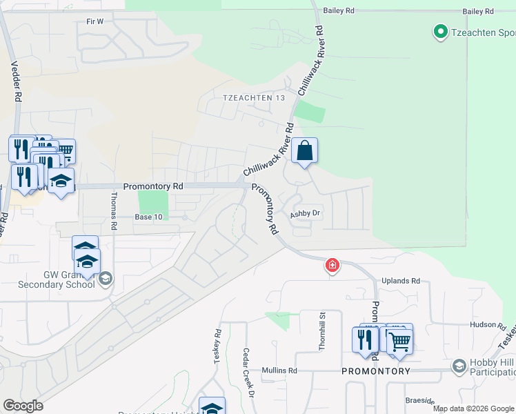 map of restaurants, bars, coffee shops, grocery stores, and more near 5997 Promontory Road in Chilliwack
