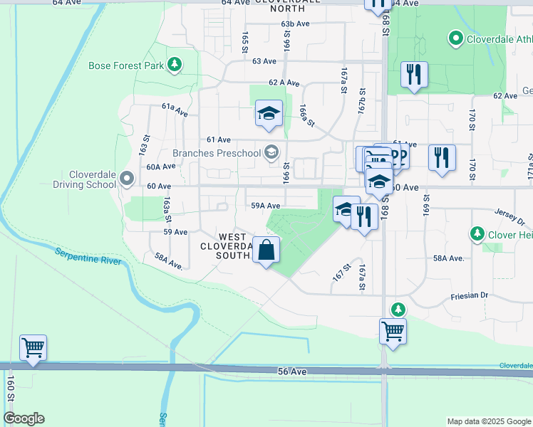 map of restaurants, bars, coffee shops, grocery stores, and more near 5942 165A Street in Surrey