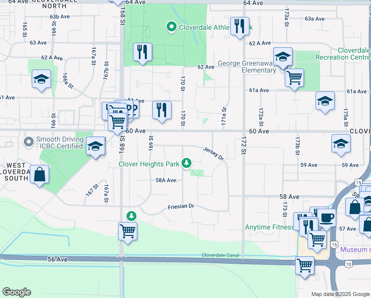 map of restaurants, bars, coffee shops, grocery stores, and more near in Surrey