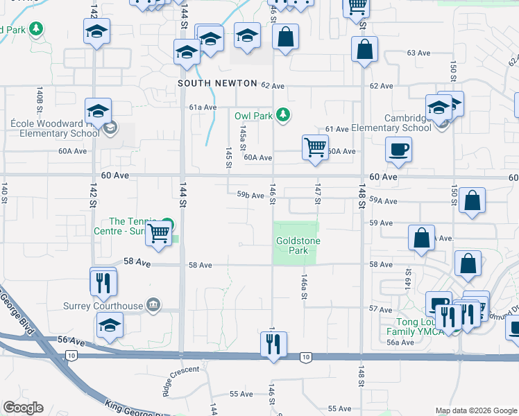 map of restaurants, bars, coffee shops, grocery stores, and more near 59A Avenue in Surrey