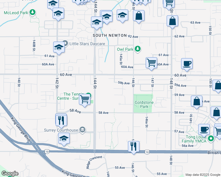 map of restaurants, bars, coffee shops, grocery stores, and more near 14488 59A Avenue in Surrey