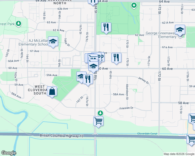 map of restaurants, bars, coffee shops, grocery stores, and more near 5942 168 Street in Surrey