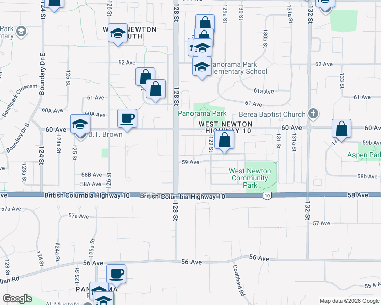 map of restaurants, bars, coffee shops, grocery stores, and more near 5933 128A Street in Surrey