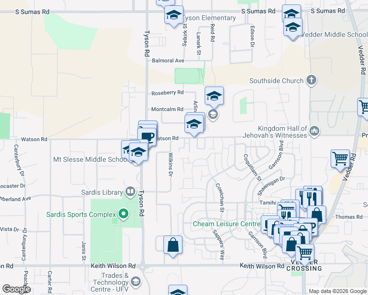 map of restaurants, bars, coffee shops, grocery stores, and more near 5906 Cowichan Street in Chilliwack