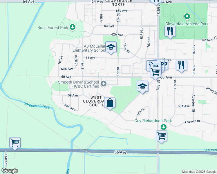 map of restaurants, bars, coffee shops, grocery stores, and more near 5939 165A Street in Surrey