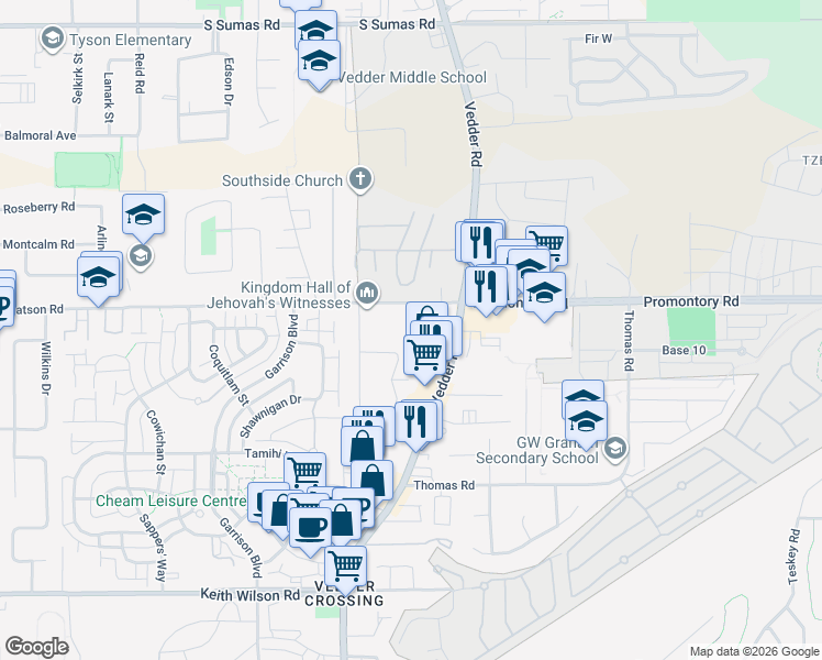 map of restaurants, bars, coffee shops, grocery stores, and more near 5905 Vedder Road in Chilliwack