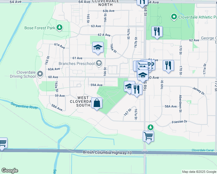 map of restaurants, bars, coffee shops, grocery stores, and more near 16622 59A Avenue in Surrey