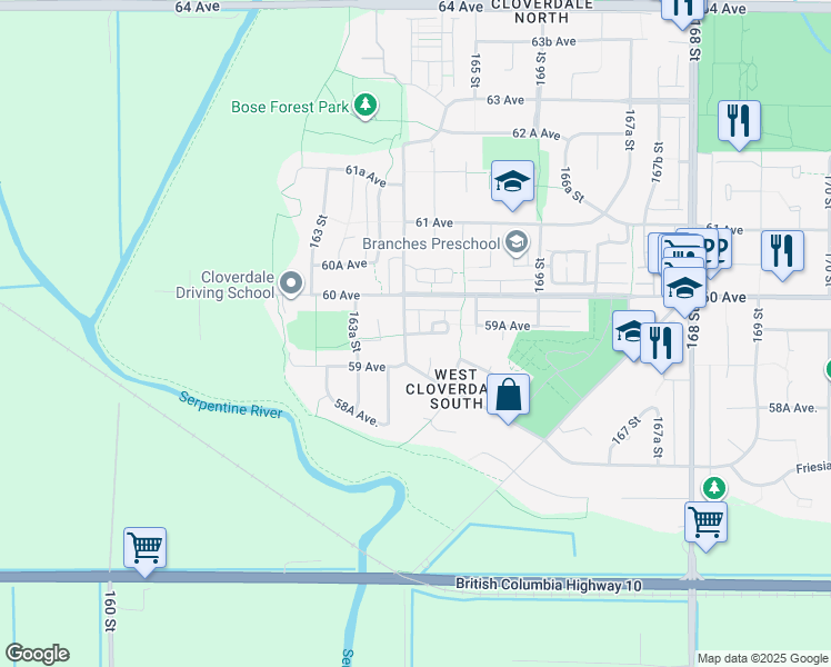 map of restaurants, bars, coffee shops, grocery stores, and more near 16459 59A Avenue in Surrey