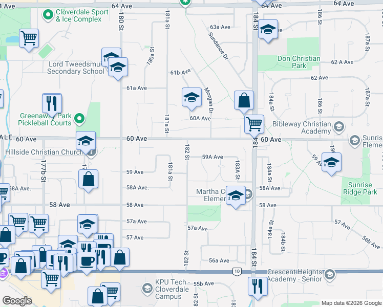map of restaurants, bars, coffee shops, grocery stores, and more near 5958 182 Street in Surrey