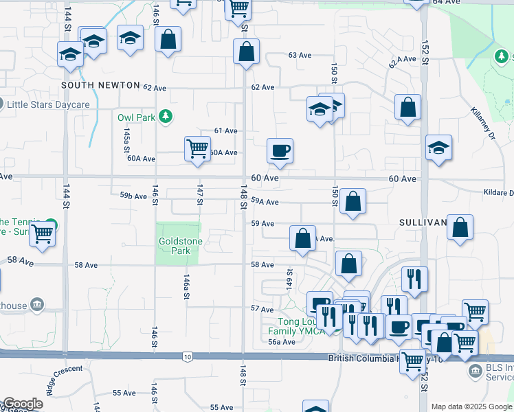 map of restaurants, bars, coffee shops, grocery stores, and more near 14822 59A Avenue in Surrey