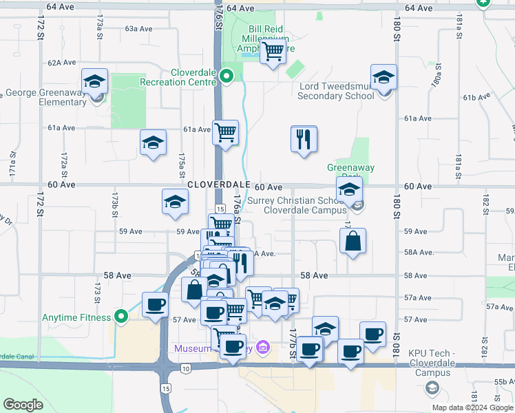 map of restaurants, bars, coffee shops, grocery stores, and more near 17702 60 Avenue in Surrey