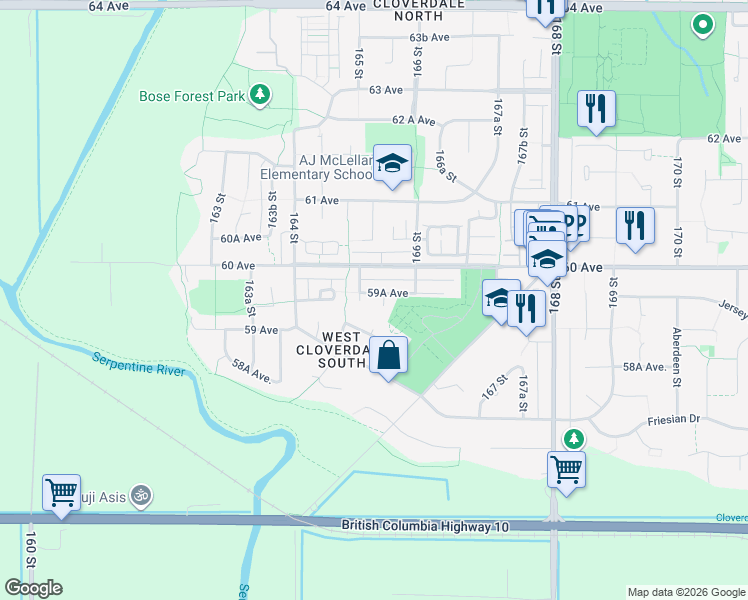 map of restaurants, bars, coffee shops, grocery stores, and more near 16528 59A Avenue in Surrey