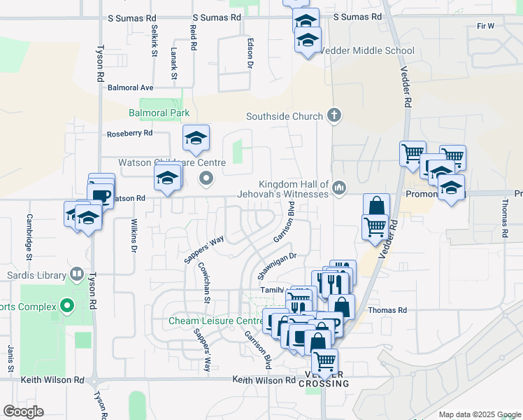 map of restaurants, bars, coffee shops, grocery stores, and more near 5745 Cheamview Crescent in Chilliwack