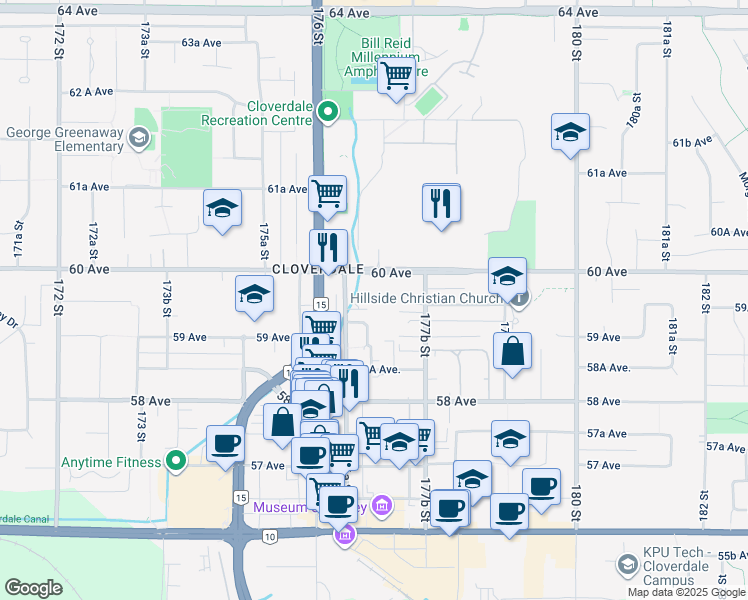 map of restaurants, bars, coffee shops, grocery stores, and more near 17702 60 Avenue in Surrey