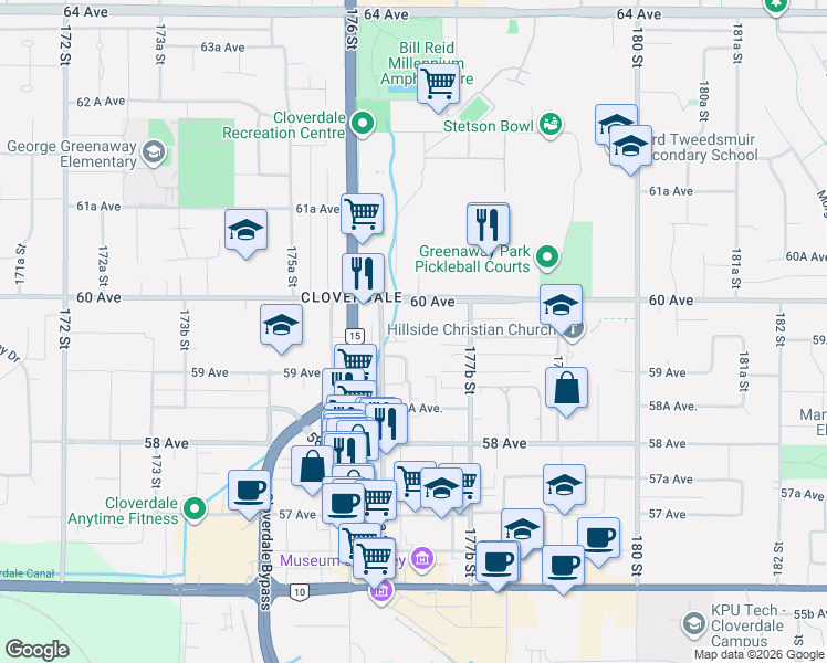 map of restaurants, bars, coffee shops, grocery stores, and more near 17702 60 Avenue in Surrey