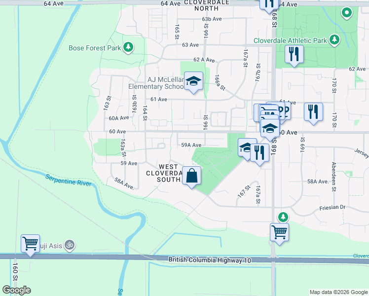 map of restaurants, bars, coffee shops, grocery stores, and more near 5919 165A Street in Surrey