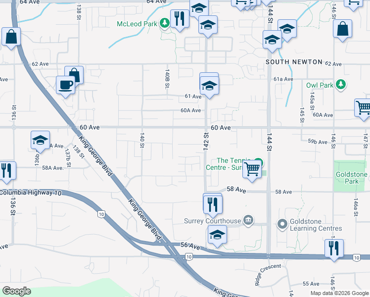 map of restaurants, bars, coffee shops, grocery stores, and more near 14136 59A Avenue in Surrey