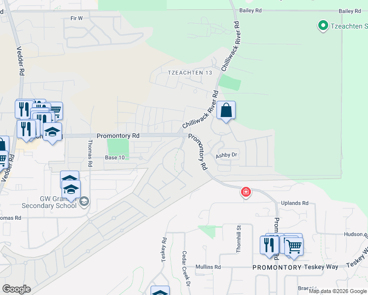 map of restaurants, bars, coffee shops, grocery stores, and more near 6001 Promontory Road in Chilliwack