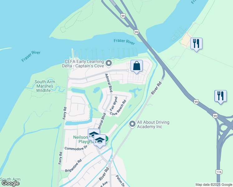 map of restaurants, bars, coffee shops, grocery stores, and more near 5515 Cove Inlet Road in Delta