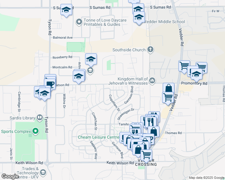 map of restaurants, bars, coffee shops, grocery stores, and more near 5948 Cheamview Crescent in Chilliwack