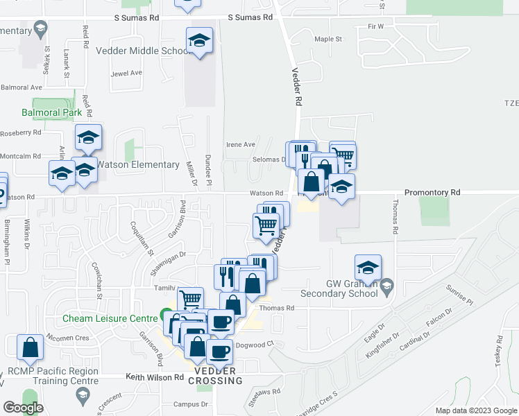 map of restaurants, bars, coffee shops, grocery stores, and more near 5905 Vedder Road in Chilliwack