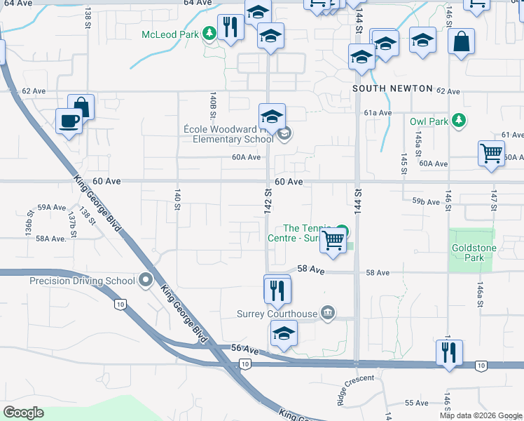 map of restaurants, bars, coffee shops, grocery stores, and more near 5949 142 Street in Surrey