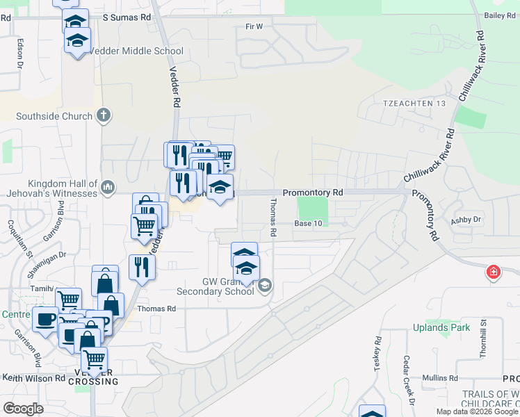 map of restaurants, bars, coffee shops, grocery stores, and more near 46189 Thomas Road in Chilliwack