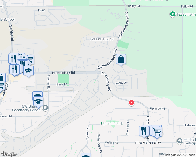 map of restaurants, bars, coffee shops, grocery stores, and more near 46036-46208 Promontory Rd in Chilliwack
