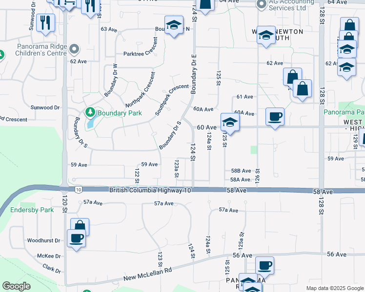 map of restaurants, bars, coffee shops, grocery stores, and more near 5888 123A Street in Surrey