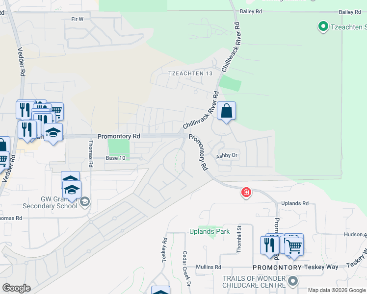 map of restaurants, bars, coffee shops, grocery stores, and more near 6001 Promontory Road in Chilliwack