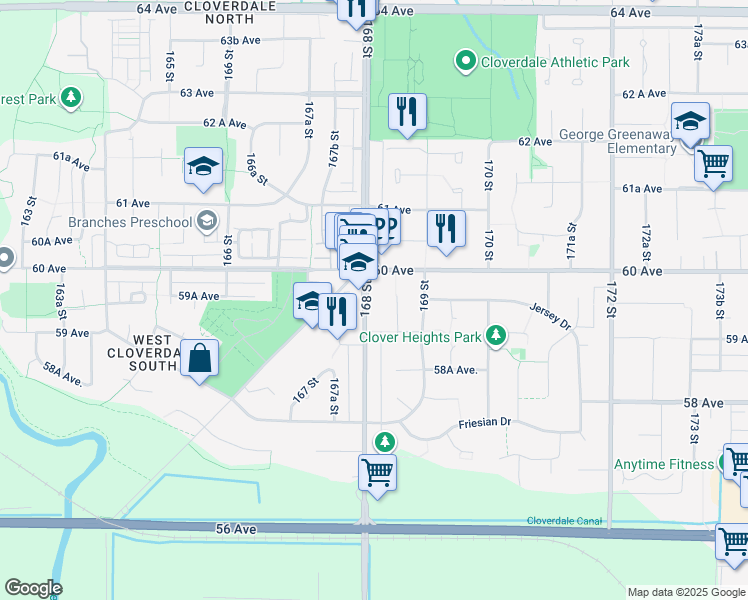 map of restaurants, bars, coffee shops, grocery stores, and more near 5950 168 Street in Surrey
