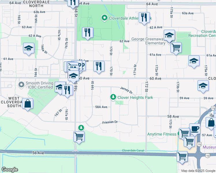 map of restaurants, bars, coffee shops, grocery stores, and more near 16981 Jersey Drive in Surrey