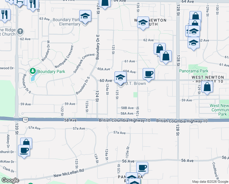 map of restaurants, bars, coffee shops, grocery stores, and more near 5949 125 Street in Surrey