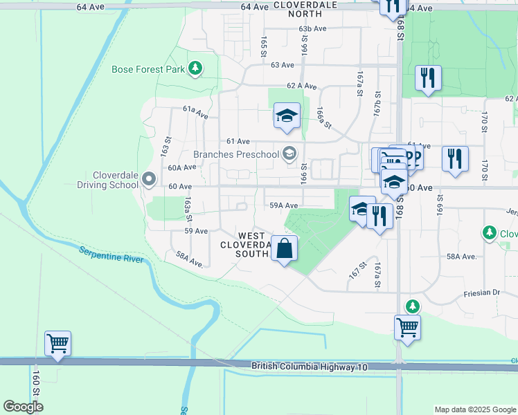 map of restaurants, bars, coffee shops, grocery stores, and more near 5949 165 Street in Surrey