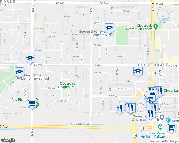 map of restaurants, bars, coffee shops, grocery stores, and more near 5959 172 Street in Surrey